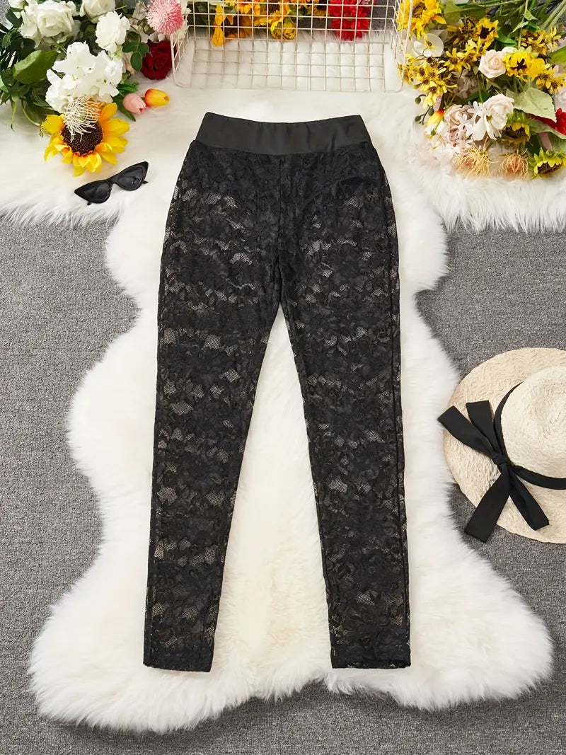 Solid Lace Pants, Sexy High Waist Elastic Long Length Versatile Pants, Women's Clothing