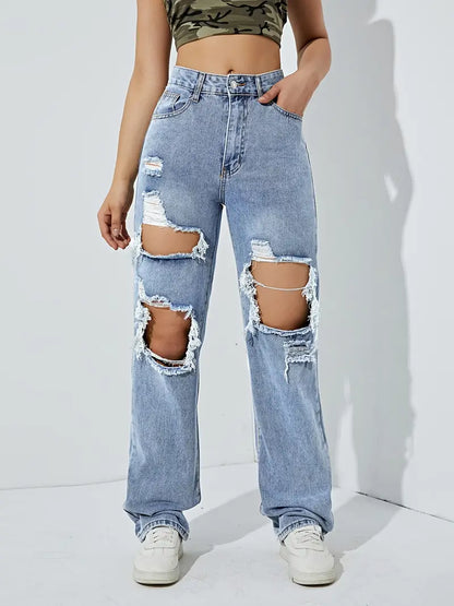 High Rise Ripped Thigh Distressed Front Fabrics Straight Lets Loose Fit Zipper Button Closure Plicated Hem Light Blue Boyfriend Jeans, Women's Denim Jeans, Women's Swimwear