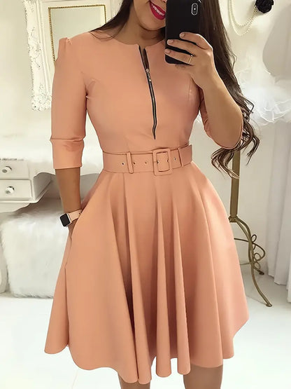 Women's Dresses Solid Crew Neck Zipper Dresses