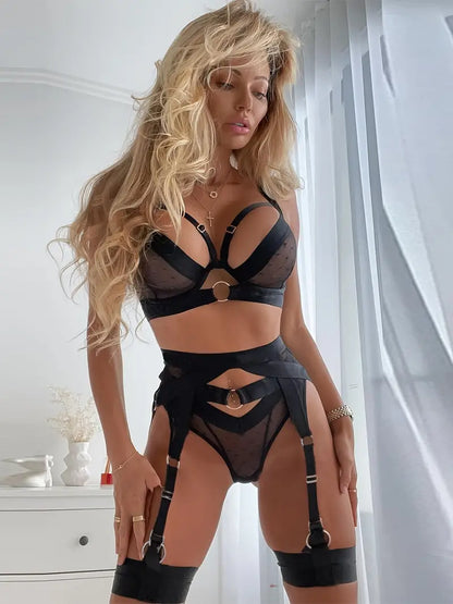 Sexy Mesh Lingerie Set with Ring Linked Bra and Garter Belt - Perfect for Women's Underwear and Sexy Nightwear