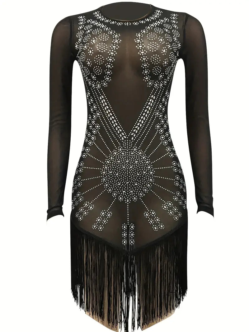 Rhinestone Tassel Dress, Sexy Semi-Sheer Long Sleeve Club Dress, Women's Clothing