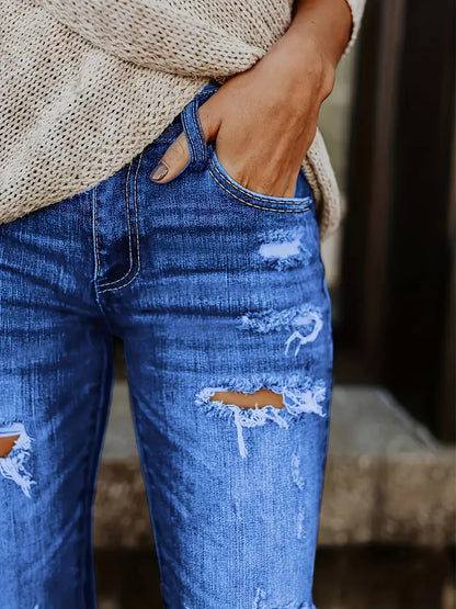 Vaqueros pitillo desgastados de color azul desgastado para mujer - Pantalones vaqueros ajustados con bolsillos oblicuos y dobladillo sin rematar 