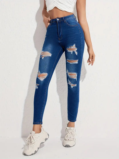 Blue Ripped Holes Skinny Jeans, Slim Fit Slash Pockets Slight-Stretch Casual Denim Pants, Women's Denim Jeans & Clothing