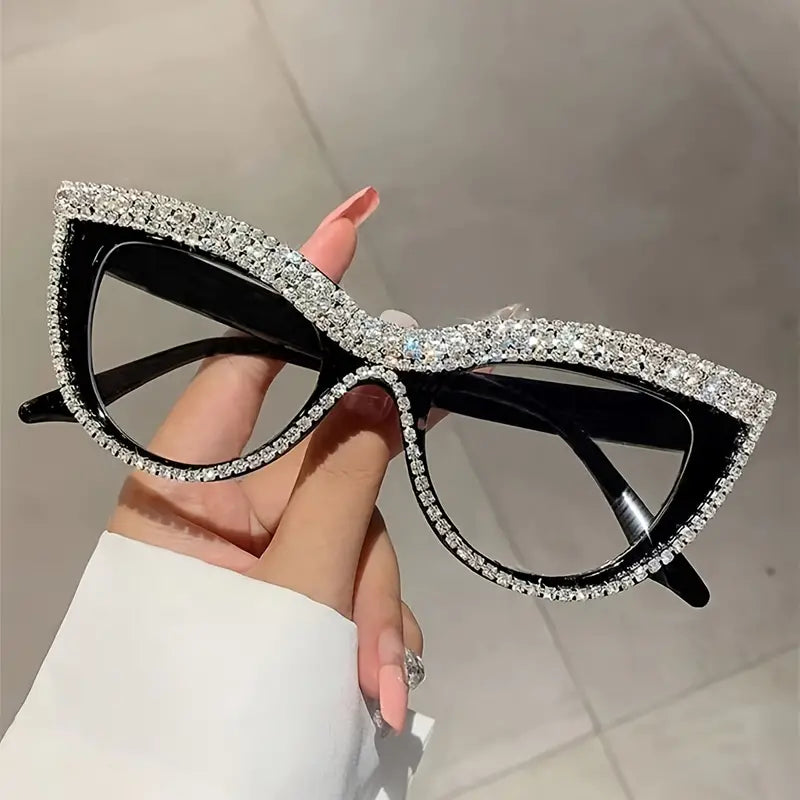 1PC Cat Eye Clear Lens Glasses Shiny Rhinestone Eyeglass Cat Eye Glasses Stylish Party Nightclub Glasses