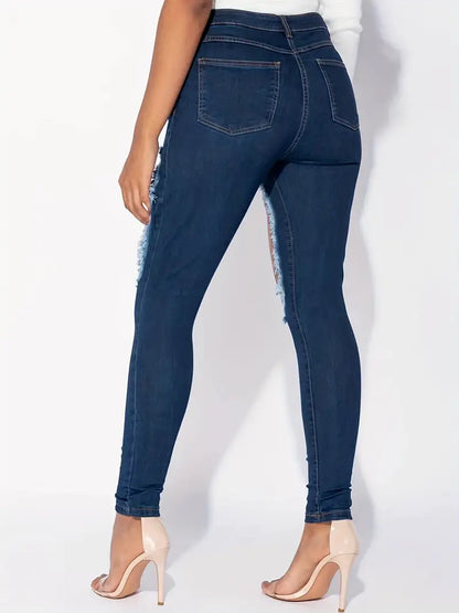 Blue Hollow Out Skinny Jeans, Slim Fit Mid Stretch Slant Pockets Tight Jeans, Women's Denim Jeans & Clothing