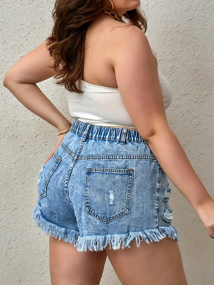 Plus Size Street Style Denim Shorts, Women's Plus Solid Ball Decor Ripped Fringe Trim Button Fly Denim Shorts With Pockets