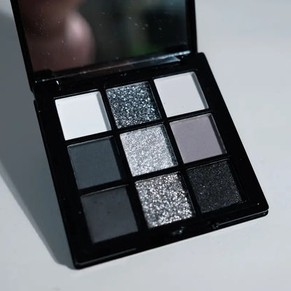 9 Colors Eyeshadow Palette, Dark Black Grey Silvery Color Shimmer Matte Finish Smokey Style Stage Party Performance Makeup