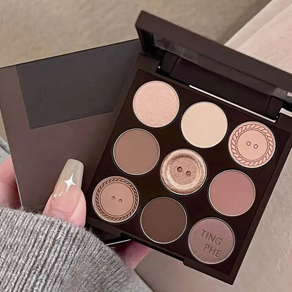 9 Colors Eyeshadow Palette, Pearly Glitter Matte Brown Color Nude Color Tone Milk Tea Color Daily Light Makeup