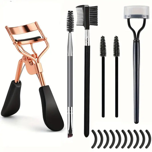 Kit de recourbe-cils 6 en 1 avec brosse à sourcils pour femme avec recourbe-cils, séparateur de peigne à cils, brosses à mascara, brosse à sourcils coudée et peigne, 10 recharges en silicone pour cils et sourcils 