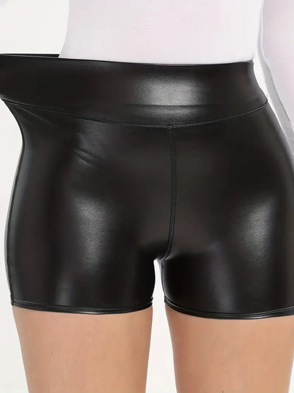 Sexy PU Fake Leather Sports Skinny Yoga Shorts, Summer Booty Short Pants, Women's Activewear