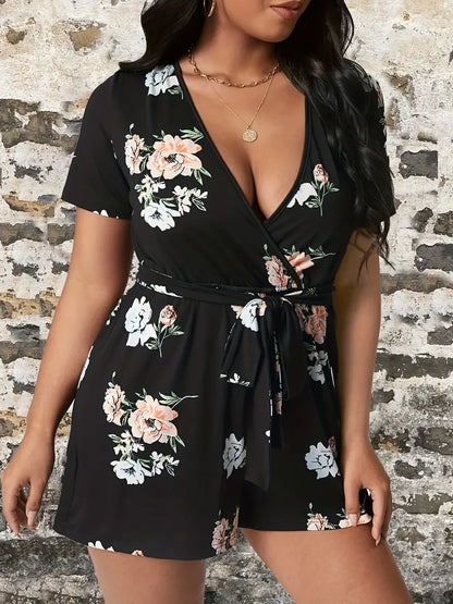 Plus Size Casual Romper, Women's Plus Floral Print Short Sleeve Surplice Neck Romper With Belt