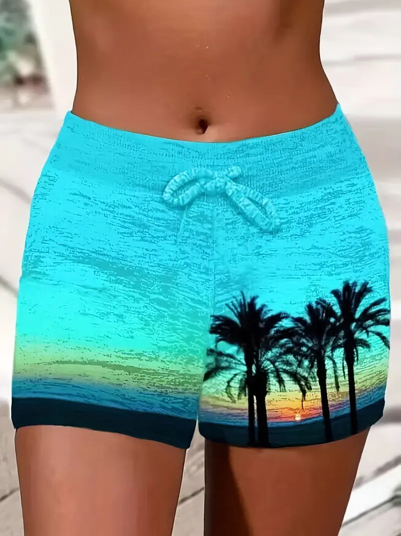 Women's Coconut Tree Print Drawstring Shorts - Perfect for Spring & Summer Casual Wear!