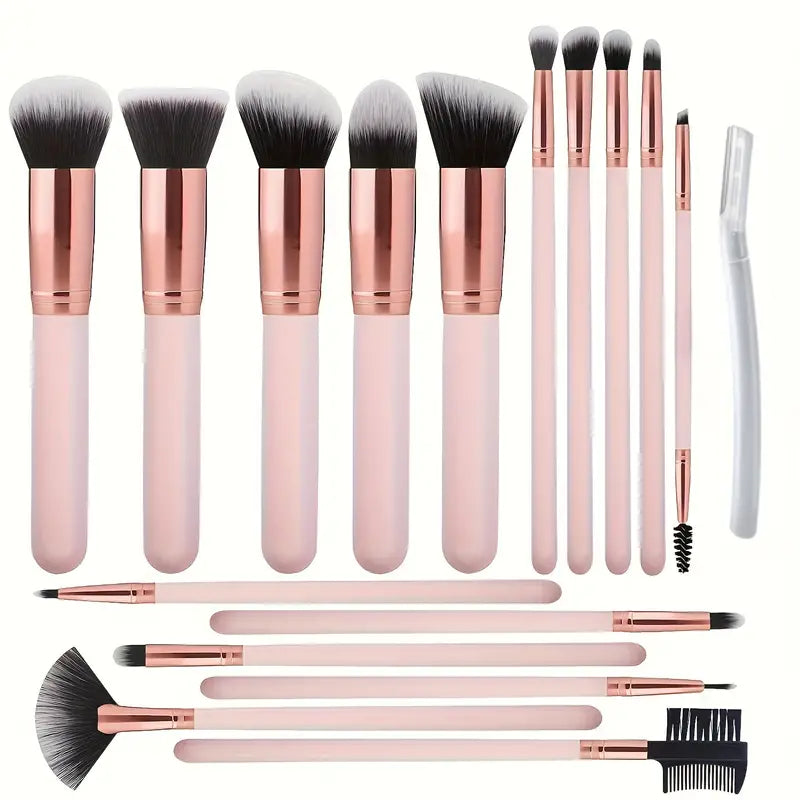 16pcs Makeup Brush Set & Eyebrow Razor, Premium Synthetic Foundation Brush Blending Face Powder Eyeshadow Concealer Makeup Brush Tool Eyebrow Shaper Trimmer, Pink