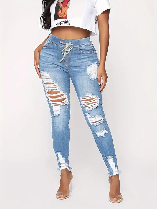 Light Blue Ripped Skinny Jeans, Slim Fit Distressed Raw Hem Elastic Waist Denim Pants, Women's Denim Jeans & Clothing