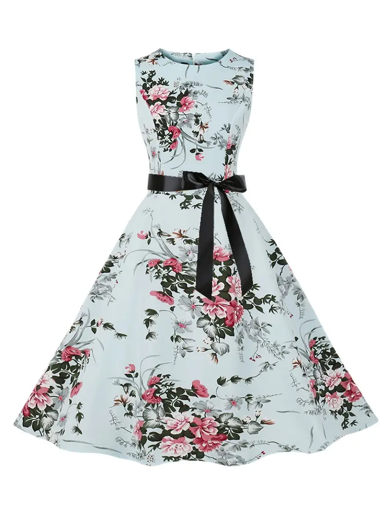 Floral Print Tie Front Dress, Vintage Elegant Crew Neck Sleeveless Tank Dress, Women's Clothing