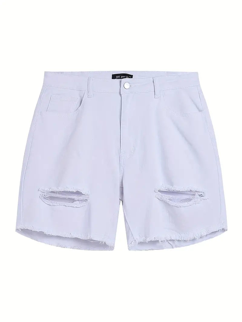 Plus Size Casual Denim Shorts, Women's Plus Solid Ripped Fringe Hem Button Fly Denim Shorts