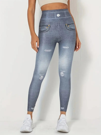 Leggings taille haute imprimés en Denim, Leggings Sexy Slim et longs avec fausses poches, vêtements pour femmes 