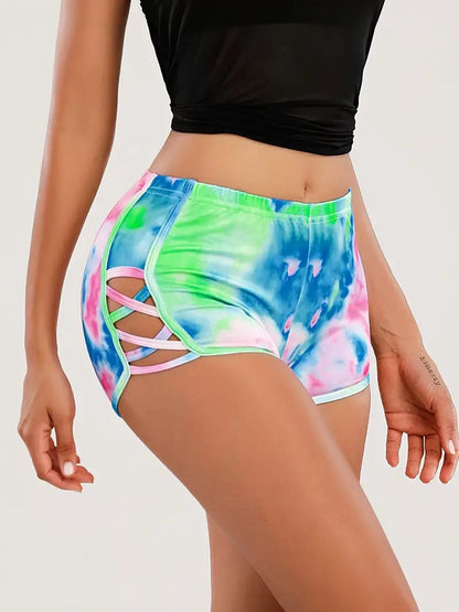 Women's Tie-Dye Yoga Biker Shorts - High-Waisted Sweat Absorption Fitness Shorts for Activewear