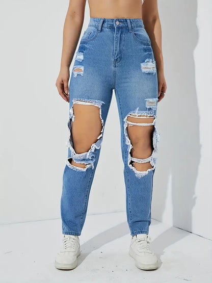 Women's Y2K Style High Waisted Distressed Denim Jeans with Ripped Slash Pockets