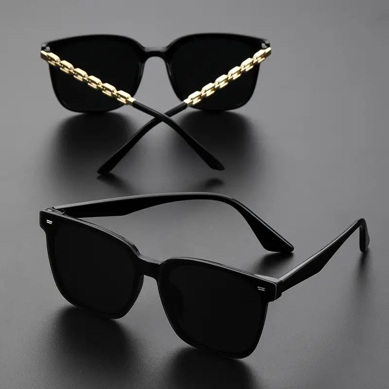 2pairs Trendy Cool Black Frame Sunglasses Set, Rimless Sunglasses & Hollow Golden Chain Design Temples Full Rim Sunglasses, Men Women Casual Versatile Party Driving Decors , Ideal Choice For Gifts