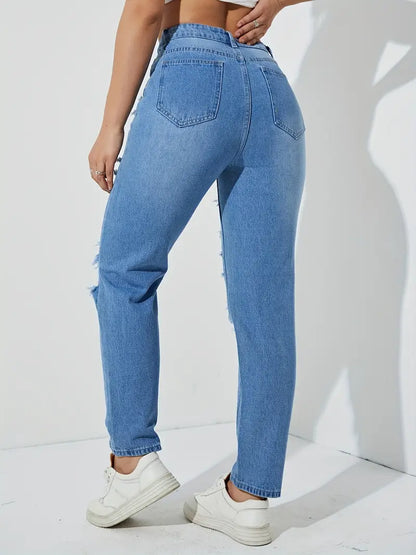 Women's Y2K Style High Waisted Distressed Denim Jeans with Ripped Slash Pockets