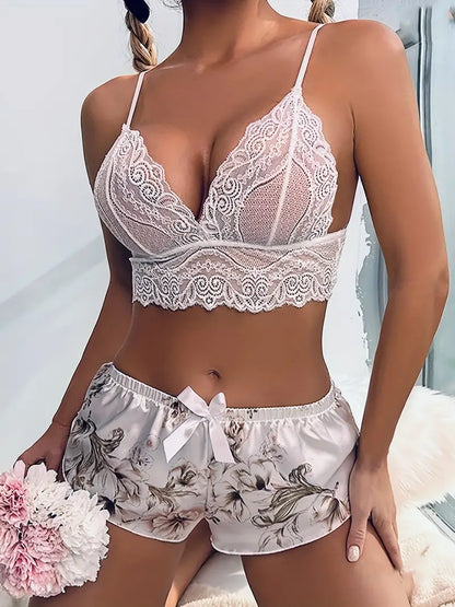 Captivating Floral Pattern Lingerie Set, Semi-sheer Lace Plunge Bra & Bow Decor Shorts, Women's Sexy Lingerie & Underwear