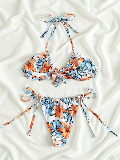 Leaf Print Sexy Bikini Sets, Halter Neck Tie Back Backless Tie Side High Cut Two Pieces Swimsuit, Women's Swimwear & Clothing