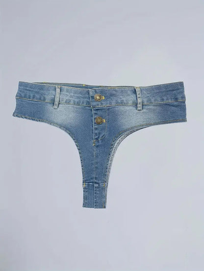 Blue Double Button Denim Mini Shorts, High Stretch Low Waist Sexy Style Hot Denim Shorts, Women's Denim Jeans & Clothing