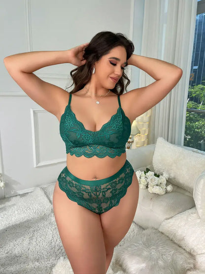 Plus Size Sexy Lingerie Set, Women's Plus Solid Floral Lace Scallop Trim Semi Sheer Bra & Underwear Lingerie Two Piece Set