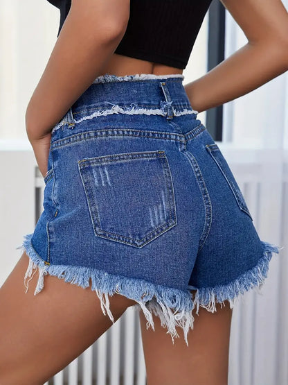 Short en denim bleu à ourlet brut, poches slash taille haute, pantalon en denim court slim fit en détresse, jeans et vêtements en denim pour femmes 