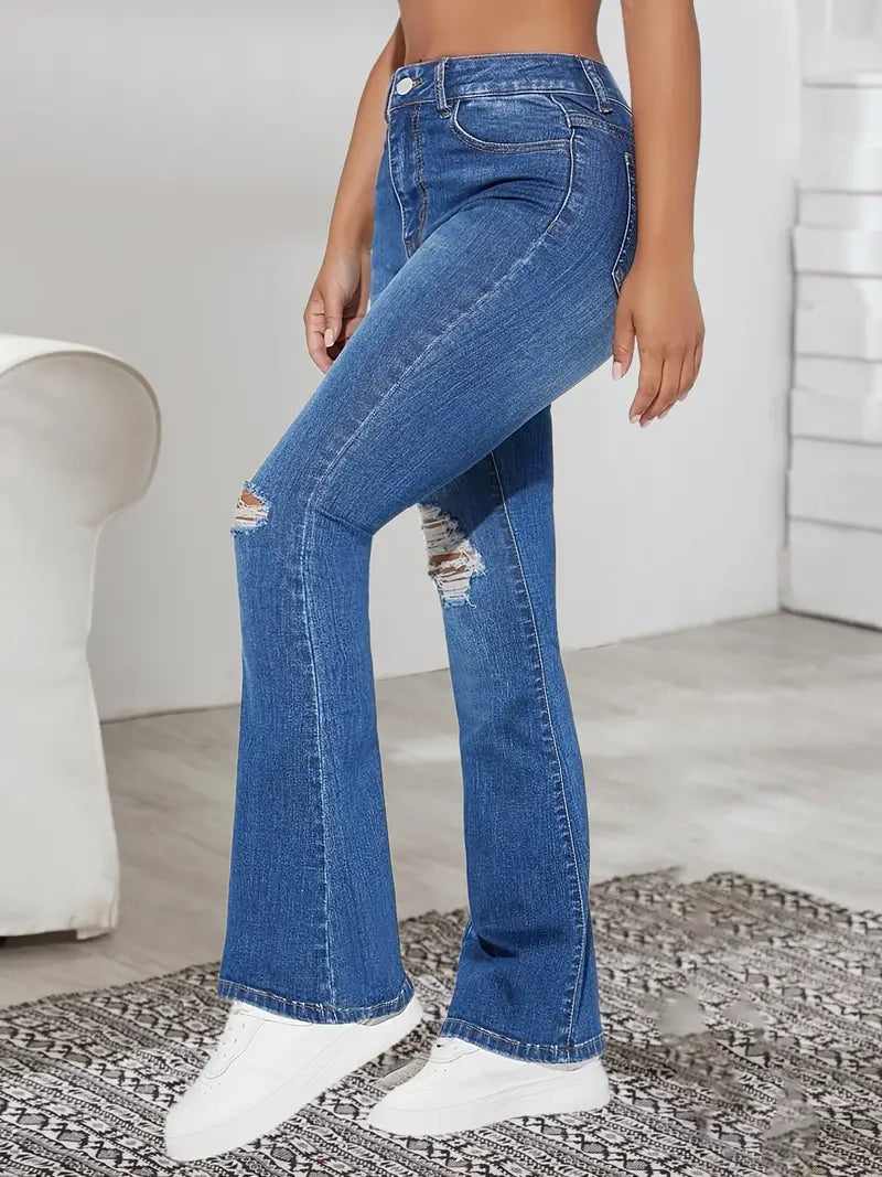 Women's High Waisted Ripped Denim Jeans with Flare Leg, Mom Fit & Kangaroo Pocket - Stylish & Comfortable Denim Clothing