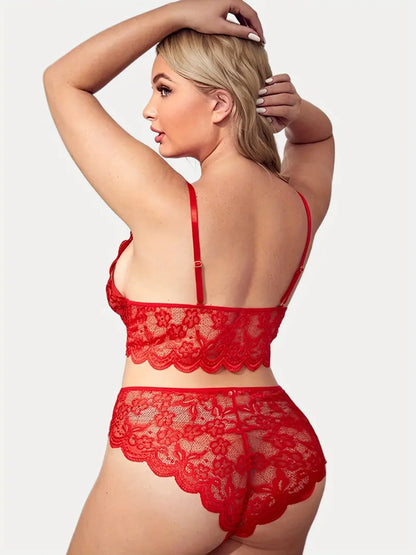 Plus Size Sexy Lingerie Sets: Flaunt Your Curves in Floral Jacquard Contrast Lace Sheer Bra & Panty!