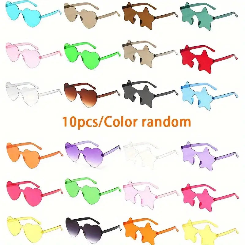 10pcs men's and women's sunglasses, Hearts and stars glasses, stylish frameless clear candy color heart-shaped glasses, suitable for parties, outdoor, Cosplay costumes, beach parties, random colors