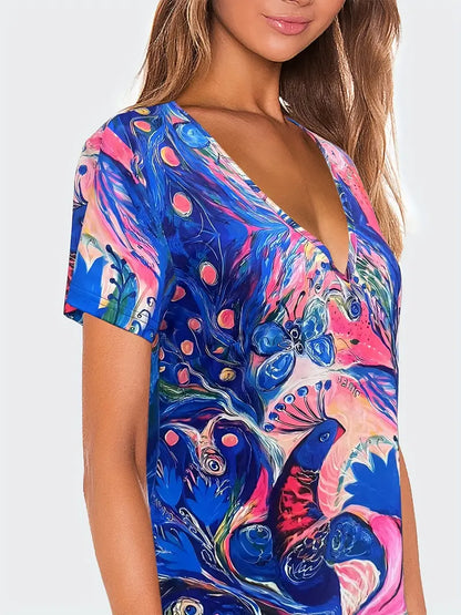 Allover Print V Neck Dress, Casual Short Sleeve Dress For Spring & Summer, Women's Clothing