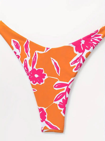 Floral Print Tangerine Red Bikini Bottoms, Medium Stretch Sexy High Cut Swim Briefs, Women's Swimwear & Clothing