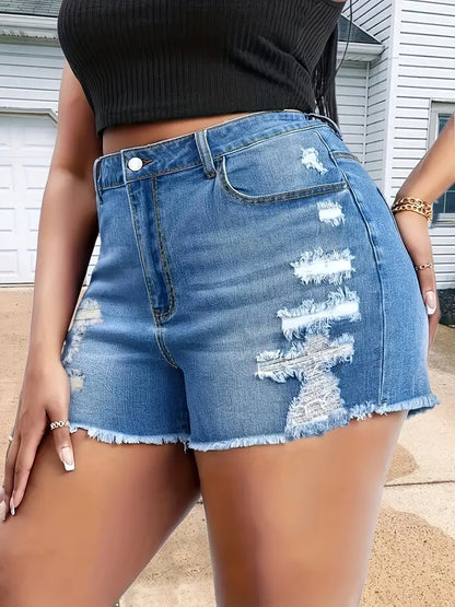 Sexy Plus Size Denim Shorts - Washed, Ripped & Button Fly - Perfect for Casual Wear!