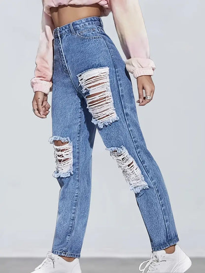 Light Blue Ripped Straight Jeans, Distressed Loose Fit High Waist Denim Pants, Women's Denim Jeans & Clothing