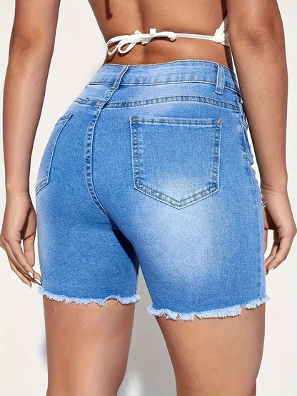 Plus Size Casual Denim Shorts, Women's Plus Washed Ripped Raw Trim Button Fly High Rise High Stretch Denim Shorts With Pockets