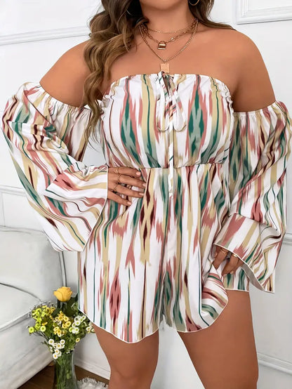 Plus Size Casual Romper, Women's Plus Colorful Stripe Print Off Shoulder Ruffle Sleeve Tie Front Tube Romper