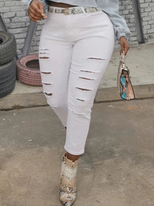 Women's White Cropped Skinny Jeans with Ladder Cut Outs and Ripped Front - Perfect for a High Rise Look!