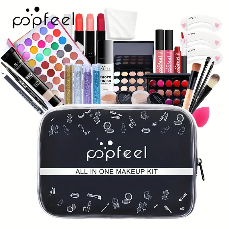 Full Kits Makeup Gift Box Set - Includes Eyeshadow Palette, Lipstick, Lip Tint, Concealer, Foundation, Glitter Powder, Makeup Brushes, and Eyebrow Stencil - Portable and Perfect for Travel