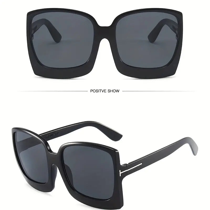 Black Oversized Square Sunglasses For Women Men Minimalistic Cat Eye Thick Frame Trendy Glasses