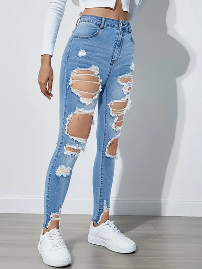 Blue Ripped Holes Skinny Jeans, Slim Fit High-Stretch Distressed Tight Jeans, Women's Denim Jeans & Clothing