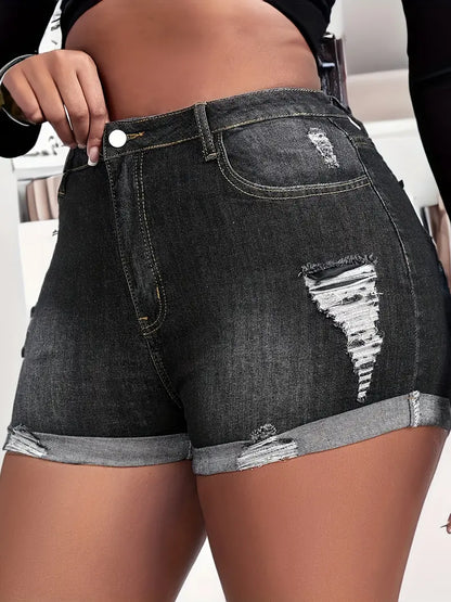 Plus Size Casual Denim Shorts, Women's Plus High Stretch Ripped High Rise Jeans Shorts