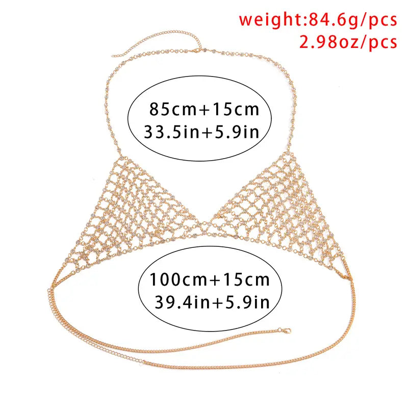 Ladies Sexy Inlaid Rhinestone Bikini Mesh Chest Chain Body Chain