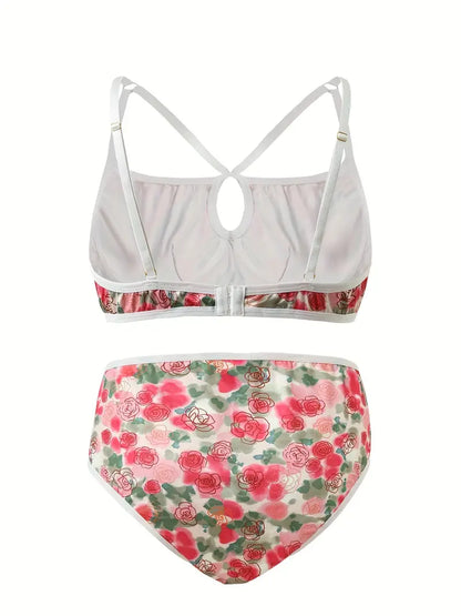 Plus Size Sexy Lingerie Set, Women's Plus Tie Dye Rose Print Keyhole Strappy Bra & Bow Knot Underwear, Vintage Boho Underwear Two Piece Set