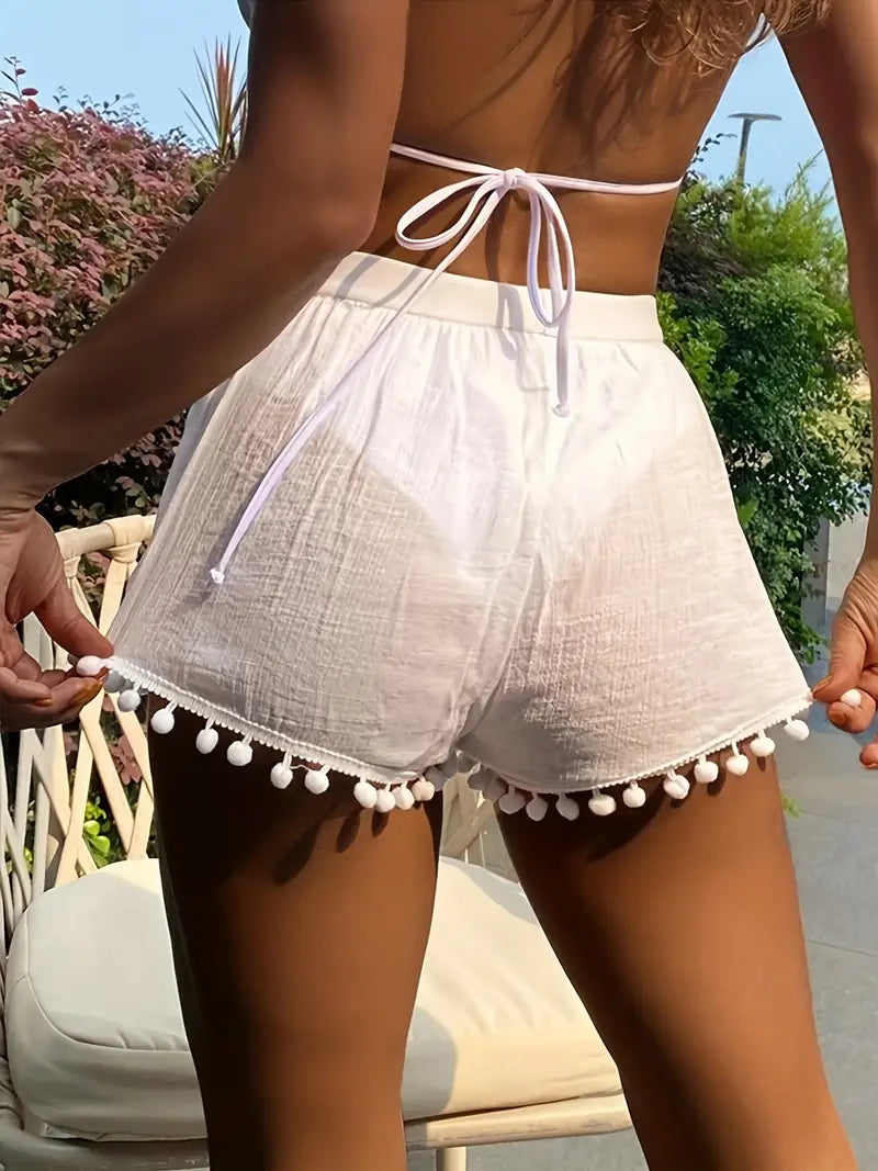 Ruched Pom Trim Shorts, Vacation Solid Summer Semi-Sheer Shorts, Women's Clothing