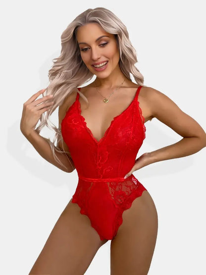 Body de encaje sexy con entrepierna a presión para mujer, Babydoll de encaje de una pieza con escote en V profundo 