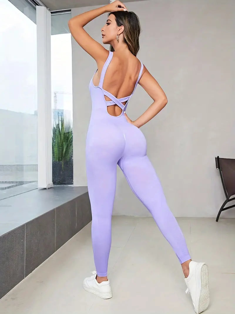 Women's Beauty Back Sexy Fitness Breathable Quick Drying Sports Jumpsuit, Criss Cross Backless Seamless Jumpsuit, Women's Activewear