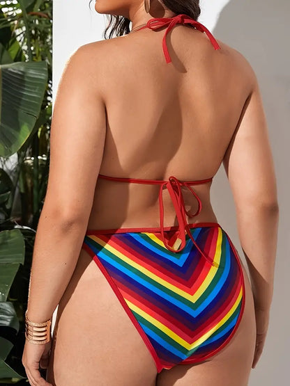 Plus Size Rainbow Color High Leg Cut Bikini Set, Women's Plus High Stretch Vacay Swimsuit Set 2pcs